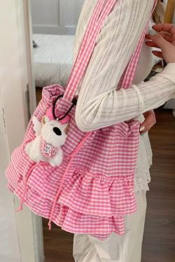 Trendy Women's Plaid Canvas Tote Bag, Cute College Style, 2025 Fashion, Korean Large Capacity Lace Detail Bag