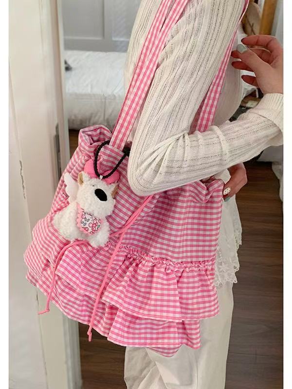 Trendy Women's Plaid Canvas Tote Bag, Cute College Style, 2025 Fashion, Korean Large Capacity Lace Detail Bag Trendy Women's Plaid Canvas Tote Bag, Cute College Style, 2025 Fashion, Korean Large Capacity Lace Detail Bag
