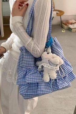 Trendy Women's Plaid Canvas Tote Bag, Cute College Style, 2025 Fashion, Korean Large Capacity Lace Detail Bag