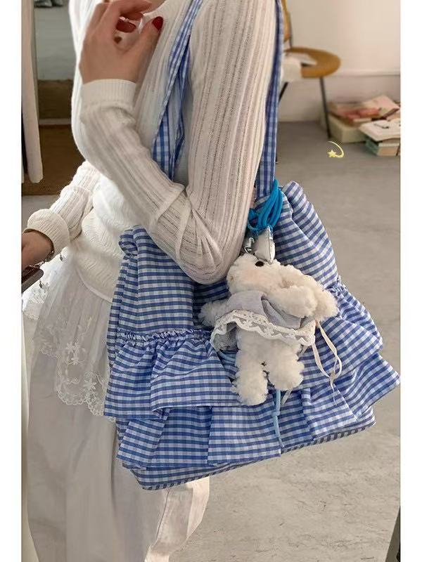Trendy Women's Plaid Canvas Tote Bag, Cute College Style, 2025 Fashion, Korean Large Capacity Lace Detail Bag Trendy Women's Plaid Canvas Tote Bag, Cute College Style, 2025 Fashion, Korean Large Capacity Lace Detail Bag