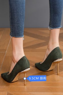 Trendy Women's Suede High Heels, Pearl Accents, Versatile Pointed Toe, Korean Style, Fashionable Thin Heel Party Shoes 2025