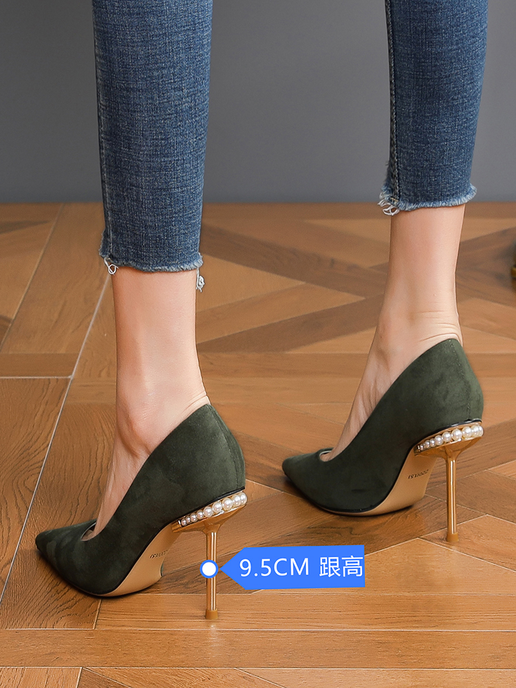 Trendy Women's Suede High Heels, Pearl Accents, Versatile Pointed Toe, Korean Style, Fashionable Thin Heel Party Shoes 2025 Trendy Women's Suede High Heels, Pearl Accents, Versatile Pointed Toe, Korean Style, Fashionable Thin Heel Party Shoes 2025