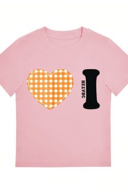 Trendy Women's Summer Short Sleeve Plaid Heart Print T-Shirt - Slim Fit Round Neck Top for a Chic American Style Look