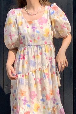 Twilight Galaxy Floral Dress - Women's Vintage French Retro Puff Sleeve Long Dress for Summer Vacation Style