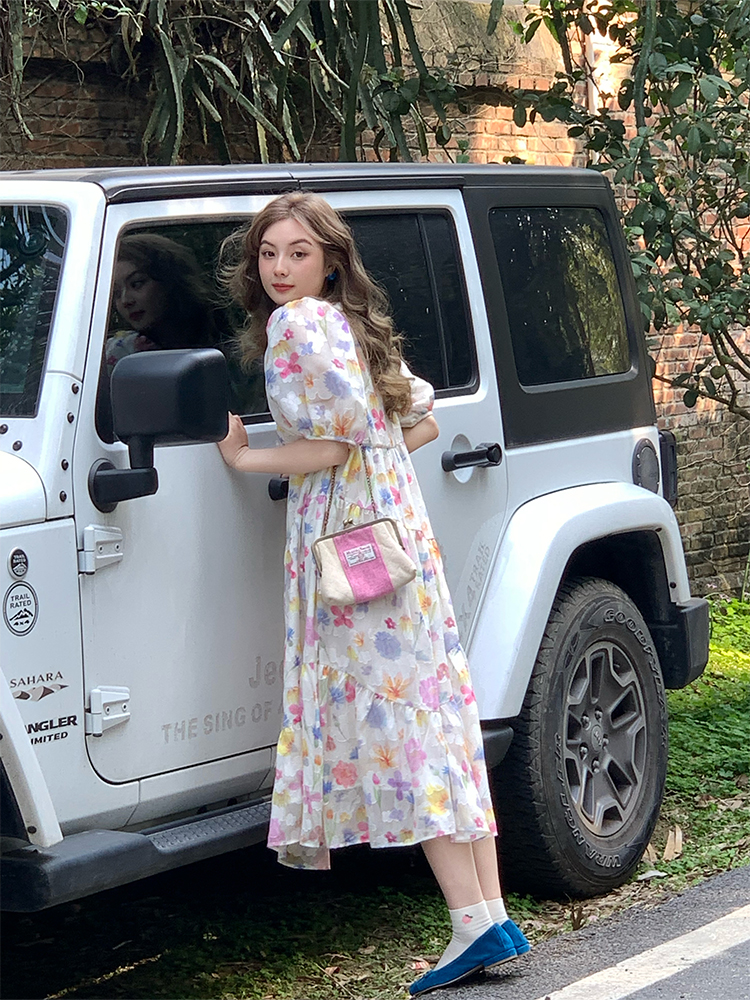 Twilight Galaxy Floral Dress - Women's Vintage French Retro Puff Sleeve Long Dress for Summer Vacation Style Twilight Galaxy Floral Dress - Women's Vintage French Retro Puff Sleeve Long Dress for Summer Vacation Style