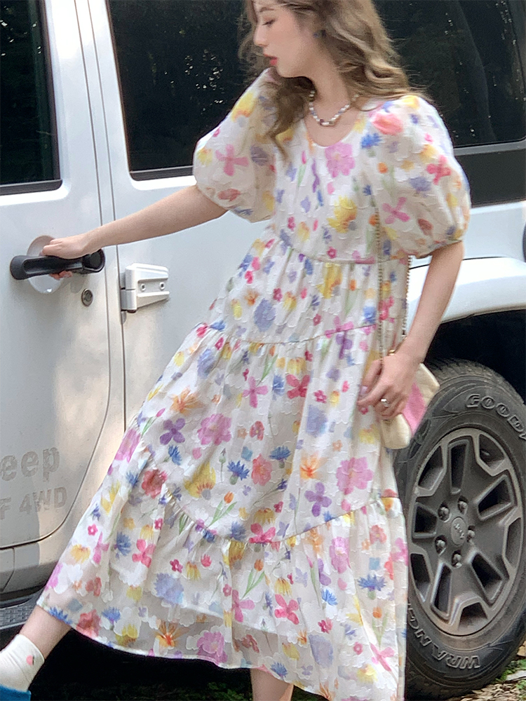Twilight Galaxy Floral Dress - Women's Vintage French Retro Puff Sleeve Long Dress for Summer Vacation Style Twilight Galaxy Floral Dress - Women's Vintage French Retro Puff Sleeve Long Dress for Summer Vacation Style