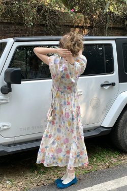 Twilight Galaxy Floral Dress - Women's Vintage French Retro Puff Sleeve Long Dress for Summer Vacation Style