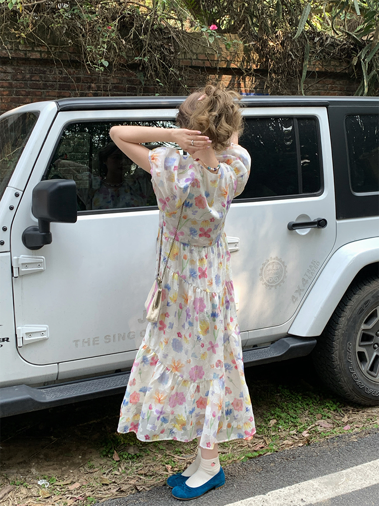Twilight Galaxy Floral Dress - Women's Vintage French Retro Puff Sleeve Long Dress for Summer Vacation Style Twilight Galaxy Floral Dress - Women's Vintage French Retro Puff Sleeve Long Dress for Summer Vacation Style