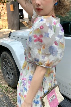 Twilight Galaxy Floral Dress - Women's Vintage French Retro Puff Sleeve Long Dress for Summer Vacation Style