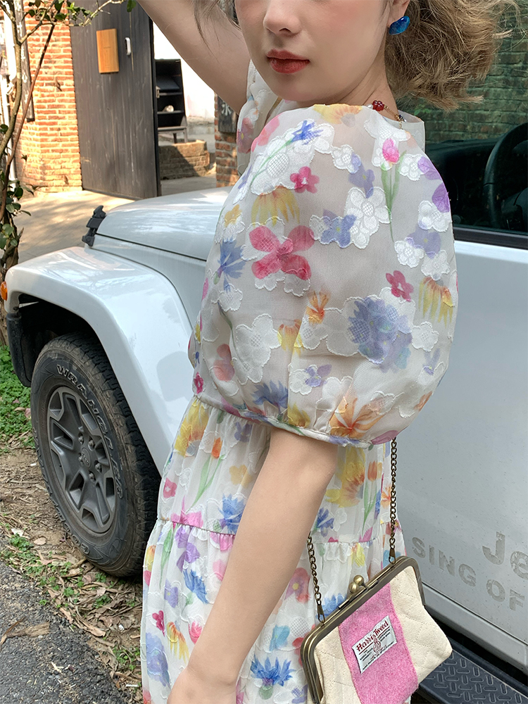 Twilight Galaxy Floral Dress - Women's Vintage French Retro Puff Sleeve Long Dress for Summer Vacation Style Twilight Galaxy Floral Dress - Women's Vintage French Retro Puff Sleeve Long Dress for Summer Vacation Style