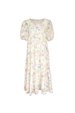 Twilight Galaxy Floral Dress - Women's Vintage French Retro Puff Sleeve Long Dress for Summer Vacation Style