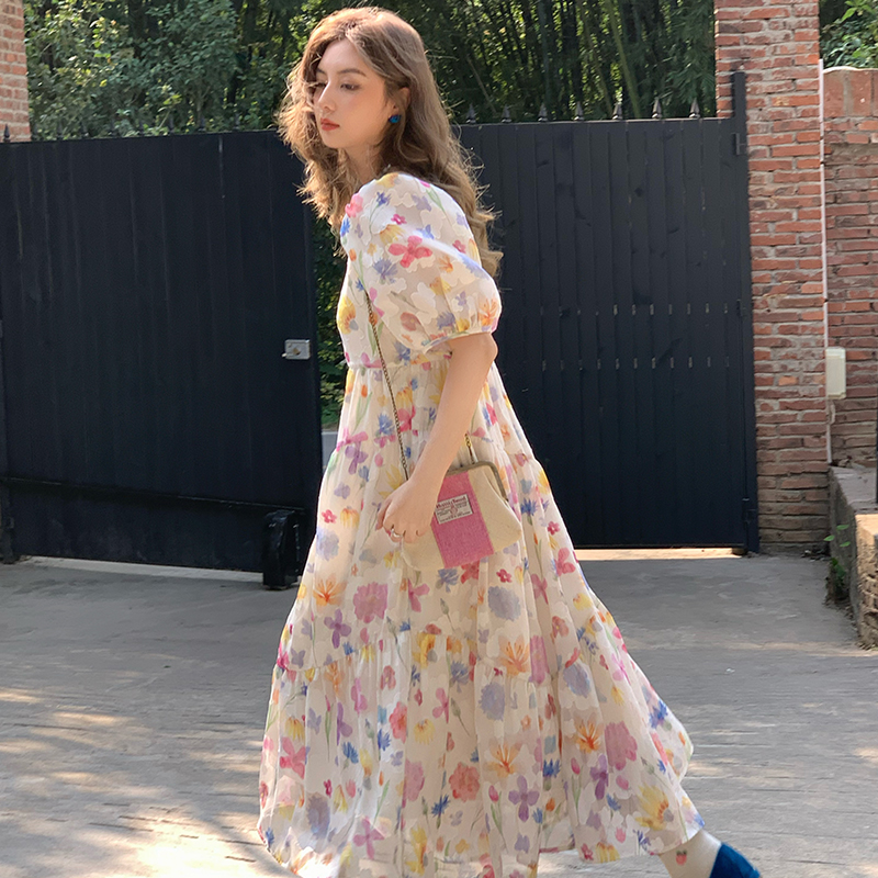 Twilight Galaxy Floral Dress - Women's Vintage French Retro Puff Sleeve Long Dress for Summer Vacation Style Twilight Galaxy Floral Dress - Women's Vintage French Retro Puff Sleeve Long Dress for Summer Vacation Style