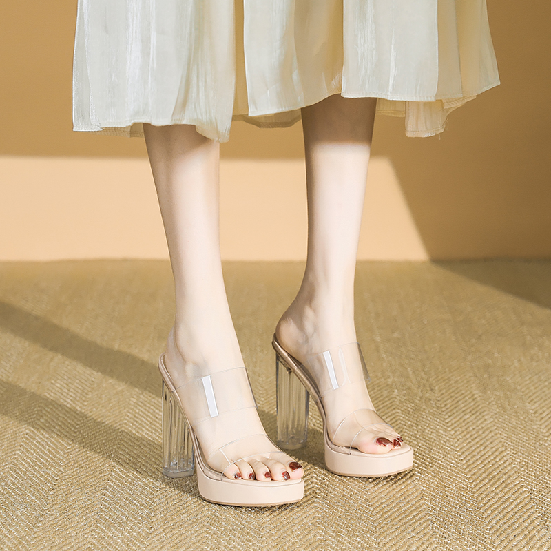 Ultra-High Heel Transparent Sandals for Women - Summer Waterproof Platform Chunky Heels, Square Toe One-Strap Slide Sandals Ultra-High Heel Transparent Sandals for Women - Summer Waterproof Platform Chunky Heels, Square Toe One-Strap Slide Sandals