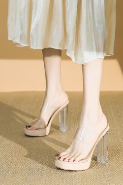 Ultra-High Heel Transparent Sandals for Women - Summer Waterproof Platform Chunky Heels, Square Toe One-Strap Slide Sandals