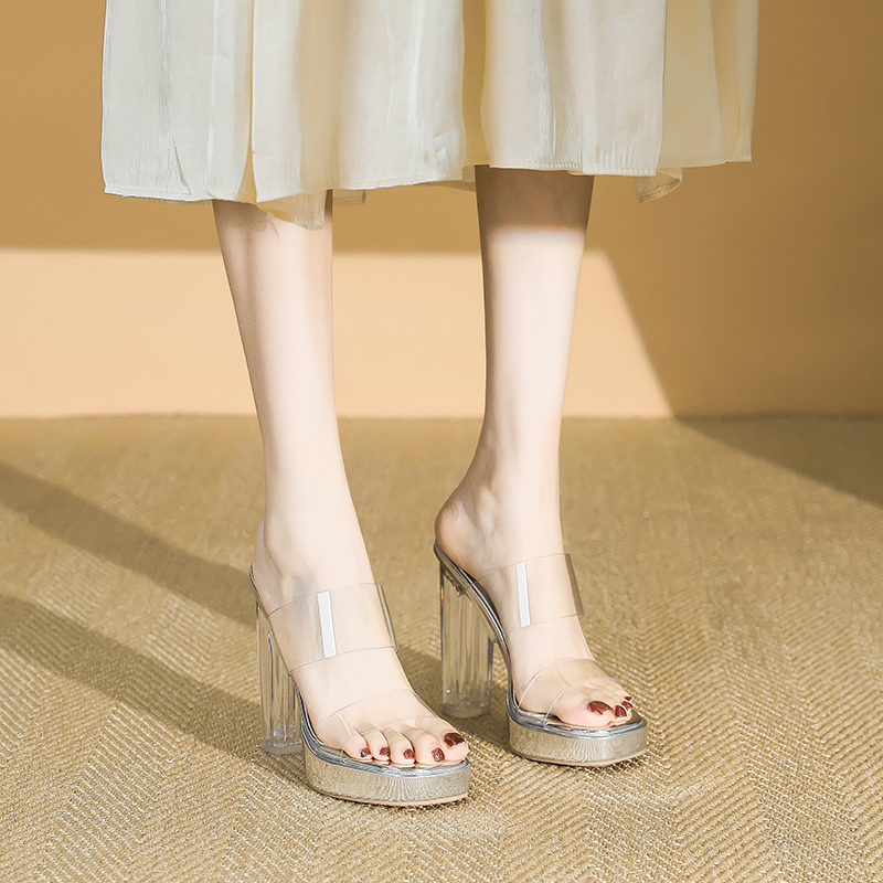 Ultra-High Heel Transparent Sandals for Women - Summer Waterproof Platform Chunky Heels, Square Toe One-Strap Slide Sandals Ultra-High Heel Transparent Sandals for Women - Summer Waterproof Platform Chunky Heels, Square Toe One-Strap Slide Sandals