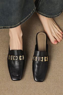 Ultra-Soft Genuine Leather Open-Toe Mule Shoes with Chunky Heels - Comfortable Italian Slippers for Everyday Style
