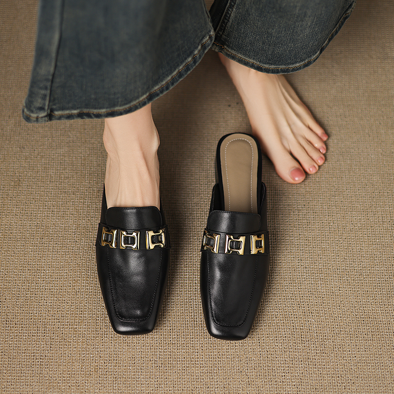 Ultra-Soft Genuine Leather Open-Toe Mule Shoes with Chunky Heels - Comfortable Italian Slippers for Everyday Style Ultra-Soft Genuine Leather Open-Toe Mule Shoes with Chunky Heels - Comfortable Italian Slippers for Everyday Style