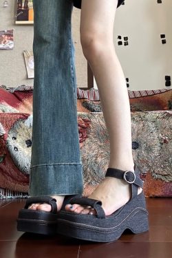 Ultra-Thick Platform Denim Sandals with One-Strap Buckle, Open-Toe Wedge for Petite Women, Roman Beach Style