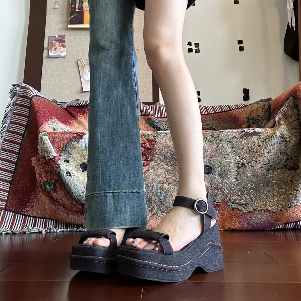 Ultra-Thick Platform Denim Sandals with One-Strap Buckle, Open-Toe Wedge for Petite Women, Roman Beach Style Ultra-Thick Platform Denim Sandals with One-Strap Buckle, Open-Toe Wedge for Petite Women, Roman Beach Style