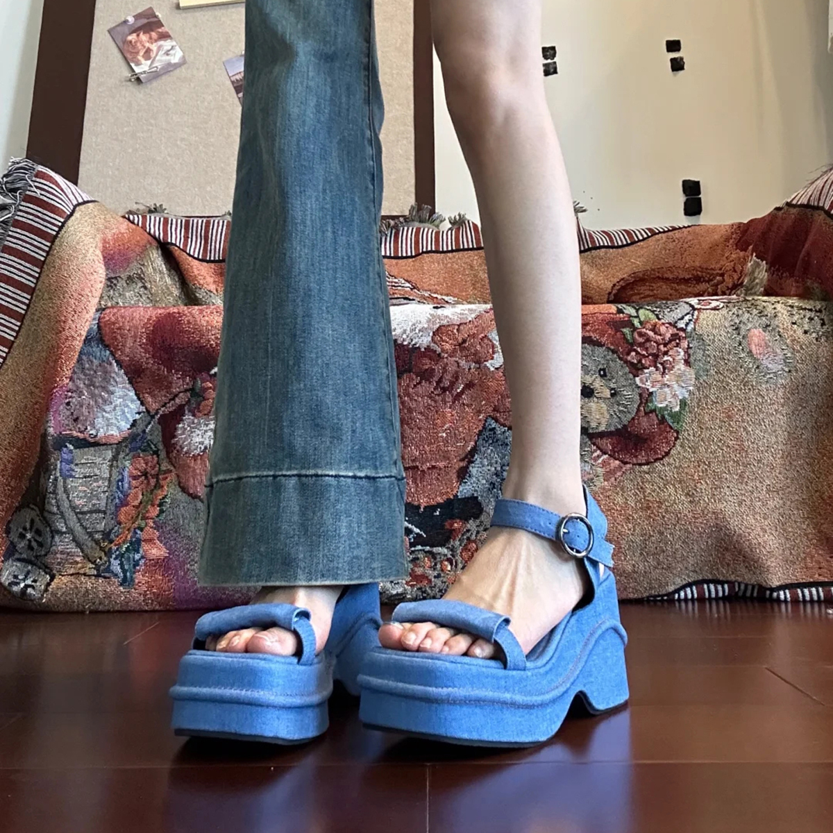 Ultra-Thick Platform Denim Sandals with One-Strap Buckle, Open-Toe Wedge for Petite Women, Roman Beach Style Ultra-Thick Platform Denim Sandals with One-Strap Buckle, Open-Toe Wedge for Petite Women, Roman Beach Style