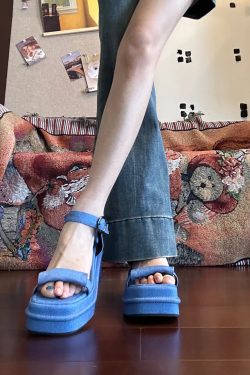 Ultra-Thick Platform Denim Sandals with One-Strap Buckle, Open-Toe Wedge for Petite Women, Roman Beach Style
