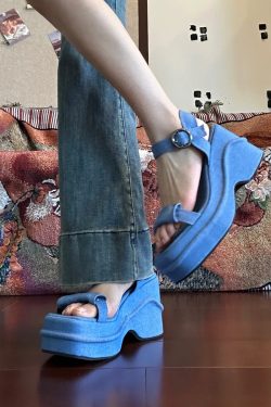 Ultra-Thick Platform Denim Sandals with One-Strap Buckle, Open-Toe Wedge for Petite Women, Roman Beach Style