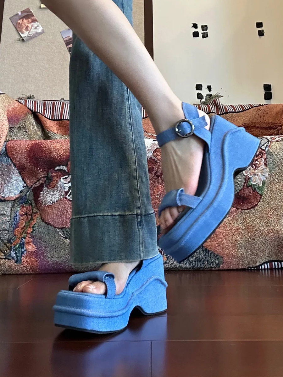 Ultra-Thick Platform Denim Sandals with One-Strap Buckle, Open-Toe Wedge for Petite Women, Roman Beach Style Ultra-Thick Platform Denim Sandals with One-Strap Buckle, Open-Toe Wedge for Petite Women, Roman Beach Style