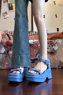 Ultra-Thick Platform Denim Sandals with One-Strap Buckle, Open-Toe Wedge for Petite Women, Roman Beach Style