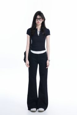 Unique Button Half-Open Collar Faux Two-Piece Short Sleeve T-Shirt for Women - Slim Fit, Casual Style, Trendy Short Length