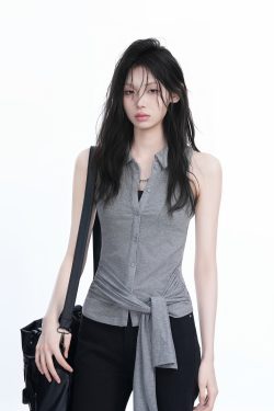 Unique Sleeveless T-Shirt for Women with Cinched Waist and Button Cardigan Design - Trendy Casual Style
