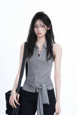 Unique Sleeveless T-Shirt for Women with Cinched Waist and Button Cardigan Design - Trendy Casual Style
