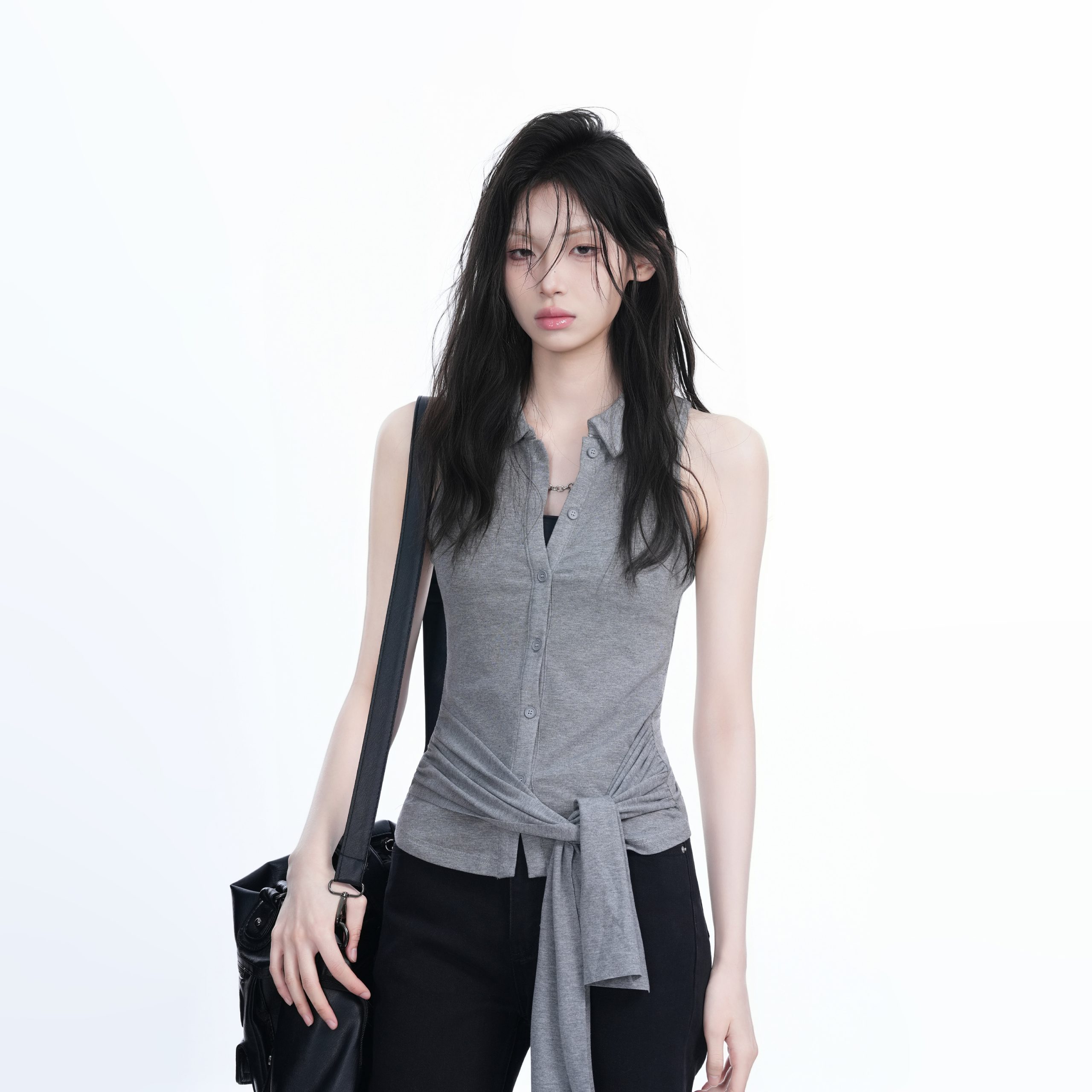 Unique Sleeveless T-Shirt for Women with Cinched Waist and Button Cardigan Design - Trendy Casual Style Unique Sleeveless T-Shirt for Women with Cinched Waist and Button Cardigan Design - Trendy Casual Style