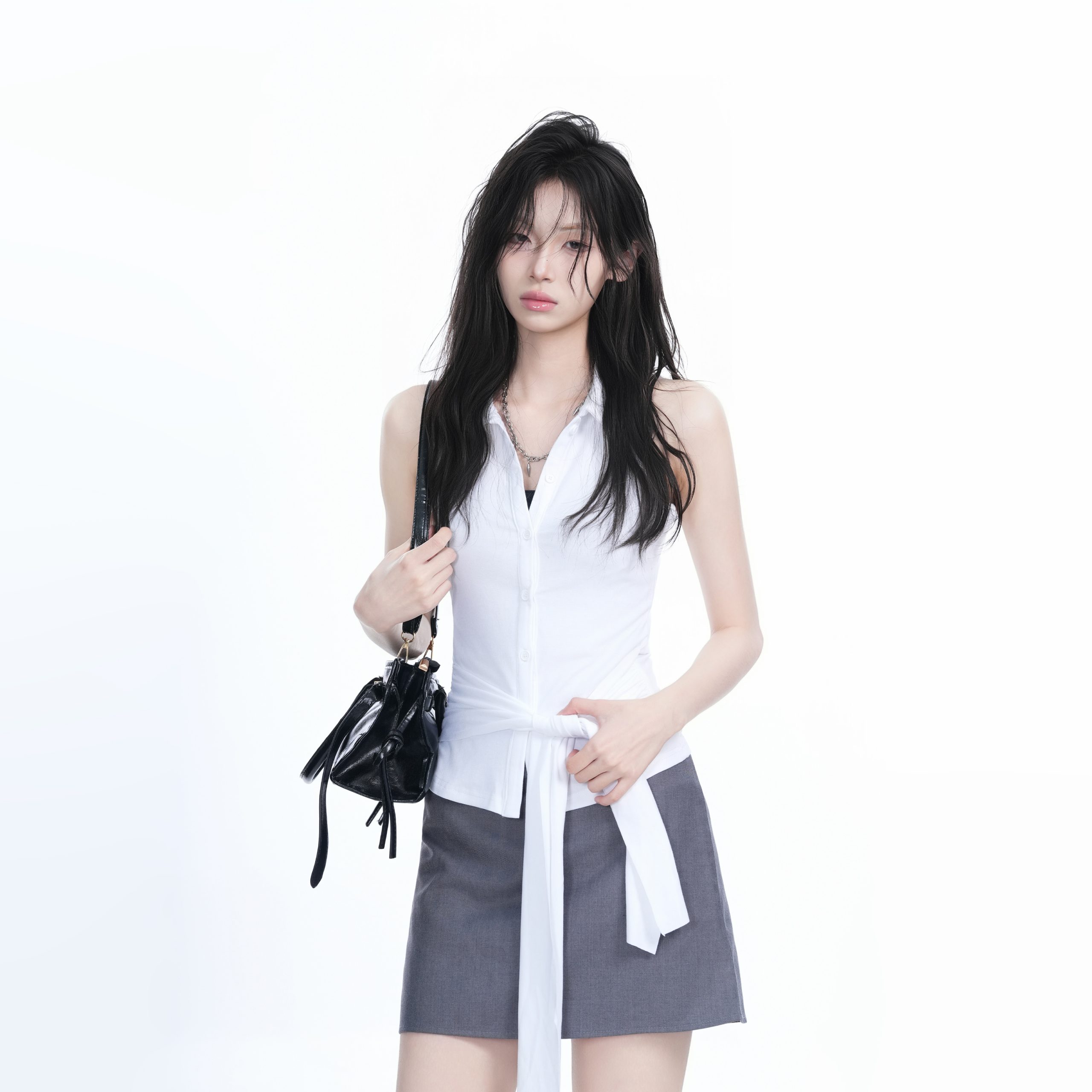 Unique Sleeveless T-Shirt for Women with Cinched Waist and Button Cardigan Design - Trendy Casual Style Unique Sleeveless T-Shirt for Women with Cinched Waist and Button Cardigan Design - Trendy Casual Style