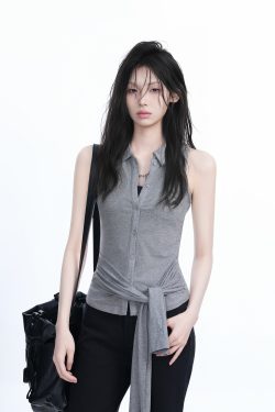 Unique Sleeveless T-Shirt for Women with Cinched Waist and Button Cardigan Design - Trendy Casual Style