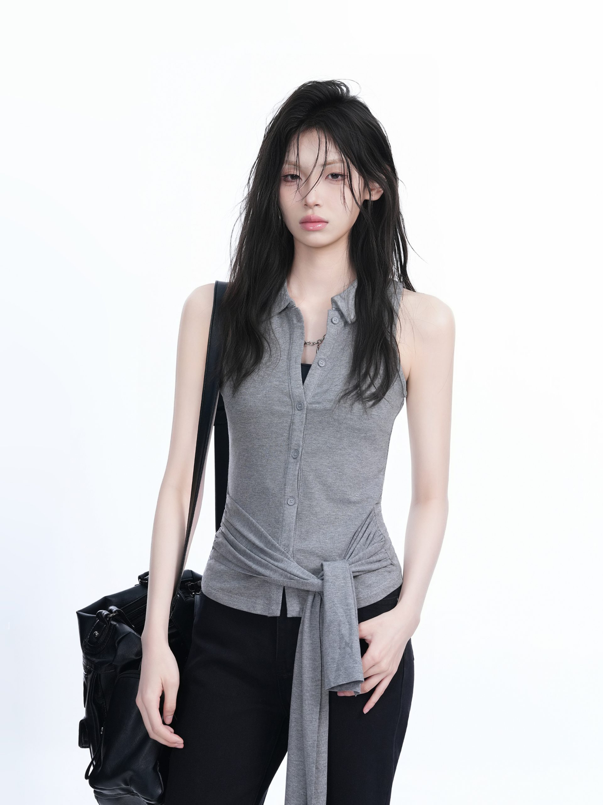 Unique Sleeveless T-Shirt for Women with Cinched Waist and Button Cardigan Design - Trendy Casual Style Unique Sleeveless T-Shirt for Women with Cinched Waist and Button Cardigan Design - Trendy Casual Style