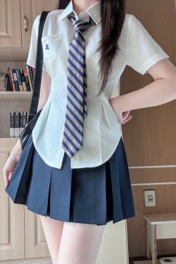 Unique Women's Short Sleeve Pocket Waist JK Shirt in White and Blue - Foldable Design, Casual Style, Perfect for Everyday Wear