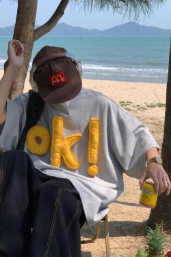 Unisex 3D OK Letter Printed Short Sleeve T-Shirt - Casual Vintage Summer Top, Loose Fit, Perfect for Y2K and Street Style