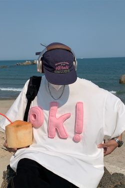 Unisex 3D OK Letter Printed Short Sleeve T-Shirt - Casual Vintage Summer Top, Loose Fit, Perfect for Y2K and Street Style