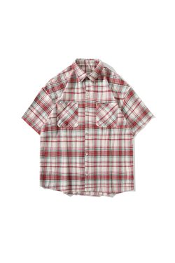 Unisex American Retro Brushed Plaid Short Sleeve T-Shirt - Casual Loose Fit Summer Shirt for Couples