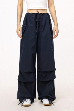 Unisex American Retro Parachute Pants, Street Style Straight Leg Drawstring Loose Fit Casual Trousers, 90s Inspired Fashion