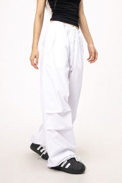 Unisex American Retro Parachute Pants, Street Style Straight Leg Drawstring Loose Fit Casual Trousers, 90s Inspired Fashion