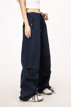 Unisex American Retro Parachute Pants, Street Style Straight Leg Drawstring Loose Fit Casual Trousers, 90s Inspired Fashion