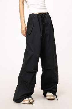 Unisex American Retro Parachute Pants, Street Style Straight Leg Drawstring Loose Fit Casual Trousers, 90s Inspired Fashion