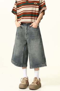 Unisex American Retro Washed Denim Shorts - Trendy Cropped Wide-Leg Straight-Leg Style for Streetwear Fashion