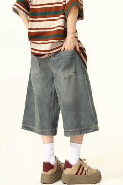 Unisex American Retro Washed Denim Shorts - Trendy Cropped Wide-Leg Straight-Leg Style for Streetwear Fashion