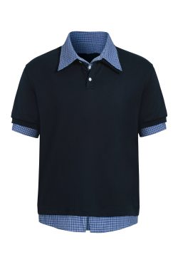 Unisex American-Style Plaid Polo Shirt - Spliced Faux Two-Piece, Loose Casual Short Sleeve for Summer Trend
