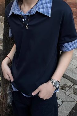 Unisex American-Style Plaid Polo Shirt - Spliced Faux Two-Piece, Loose Casual Short Sleeve for Summer Trend