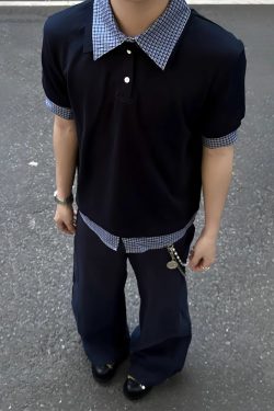 Unisex American-Style Plaid Polo Shirt - Spliced Faux Two-Piece, Loose Casual Short Sleeve for Summer Trend