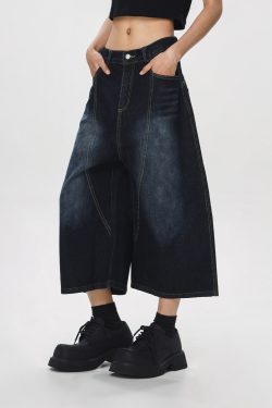 Unisex American Wash Denim Capris - Summer Loose Wide-Leg Pants for Men and Women - Unique 90s Style