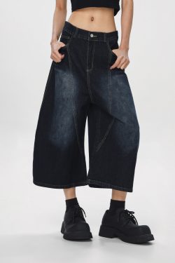 Unisex American Wash Denim Capris - Summer Loose Wide-Leg Pants for Men and Women - Unique 90s Style